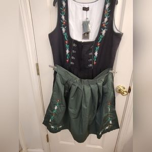 Glory Star Bavarian Octoberfest Dirndl Dress Large Renaissance BLACK Floral NWT